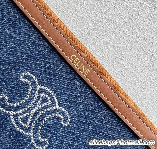 Original Cheap Celine Small Pouch with Strap Cuir Triomphe in Textile and Calfskin 100502 Blue/Brown 2024 Top