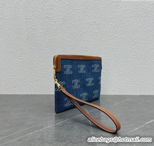 Original Cheap Celine Small Pouch with Strap Cuir Triomphe in Textile and Calfskin 100502 Blue/Brown 2024 Top