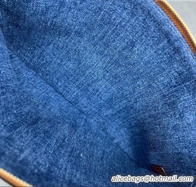 Original Cheap Celine Small Pouch with Strap Cuir Triomphe in Textile and Calfskin 100502 Blue/Brown 2024 Top