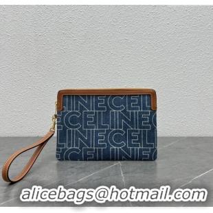 Inexpensive Celine Small Pouch with Strap Cuir Triomphe in Textile and Calfskin 100502 Grey/Brown 2024 Top