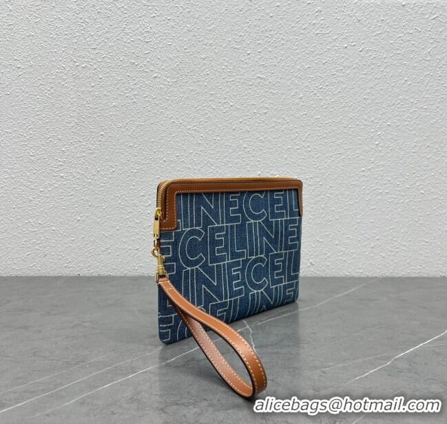 Inexpensive Celine Small Pouch with Strap Cuir Triomphe in Textile and Calfskin 100502 Grey/Brown 2024 Top