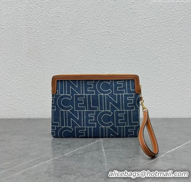 Inexpensive Celine Small Pouch with Strap Cuir Triomphe in Textile and Calfskin 100502 Grey/Brown 2024 Top