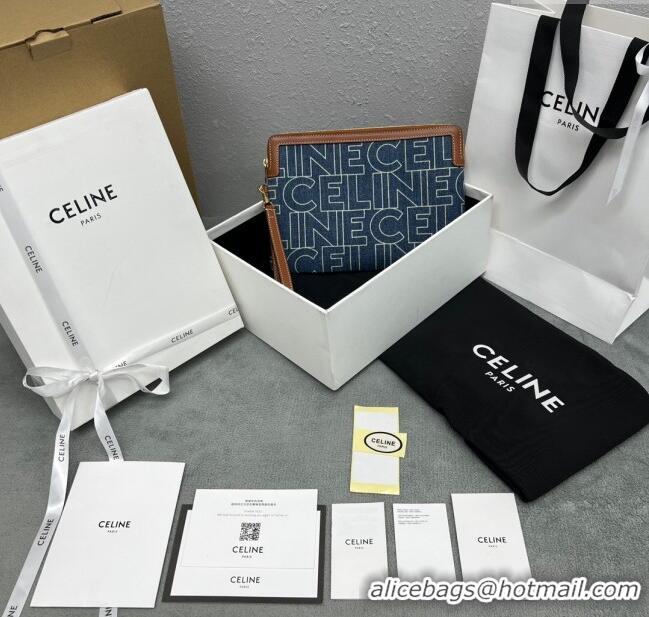 Inexpensive Celine Small Pouch with Strap Cuir Triomphe in Textile and Calfskin 100502 Grey/Brown 2024 Top