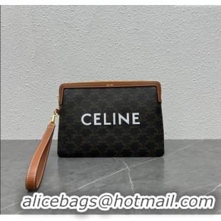 Luxury Cheap Celine Small Pouch with Strap in Triomphe Canvas and Calfskin 100502 Tan 2024 Top