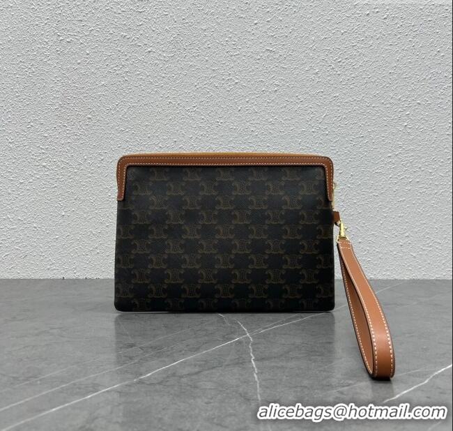 Luxury Cheap Celine Small Pouch with Strap in Triomphe Canvas and Calfskin 100502 Tan 2024 Top