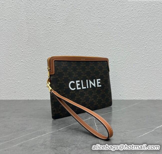 Luxury Cheap Celine Small Pouch with Strap in Triomphe Canvas and Calfskin 100502 Tan 2024 Top
