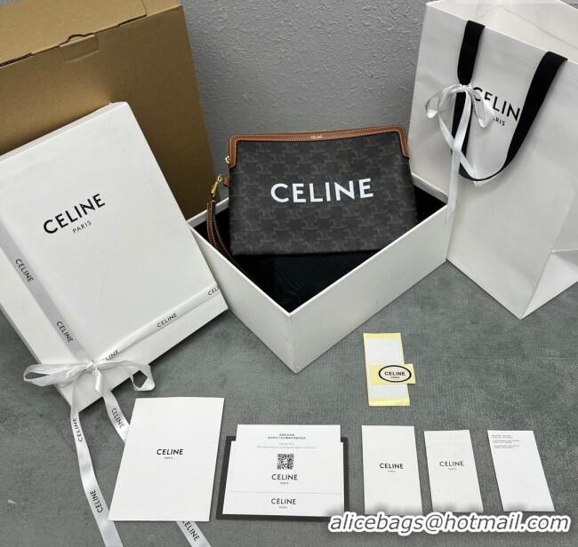 Luxury Cheap Celine Small Pouch with Strap in Triomphe Canvas and Calfskin 100502 Tan 2024 Top