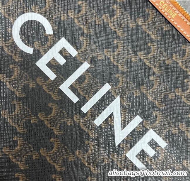 Luxury Cheap Celine Small Pouch with Strap in Triomphe Canvas and Calfskin 100502 Tan 2024 Top