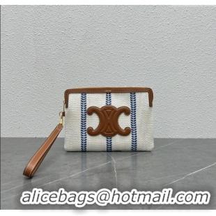 Top Quality Celine Small Pouch with Strap in Triomphe Canvas and Calfskin 100502 Blue/White/Brown 2024 Top