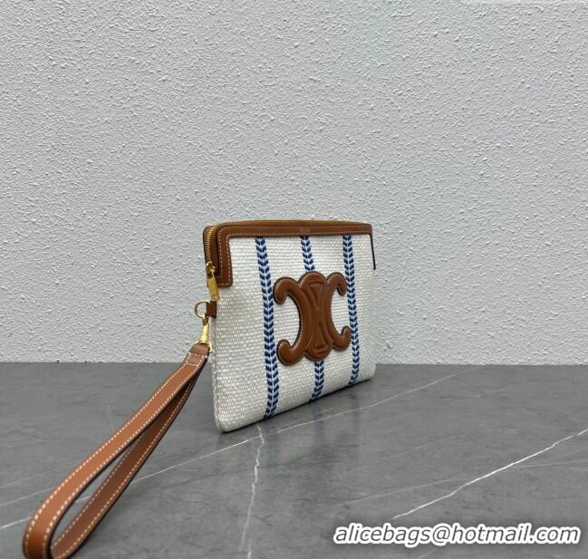 Top Quality Celine Small Pouch with Strap in Triomphe Canvas and Calfskin 100502 Blue/White/Brown 2024 Top