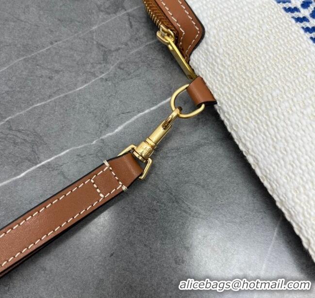 Top Quality Celine Small Pouch with Strap in Triomphe Canvas and Calfskin 100502 Blue/White/Brown 2024 Top