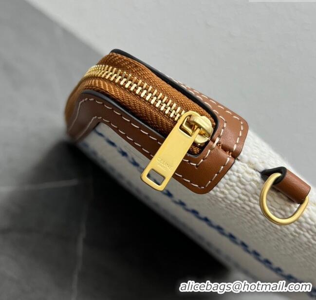 Top Quality Celine Small Pouch with Strap in Triomphe Canvas and Calfskin 100502 Blue/White/Brown 2024 Top