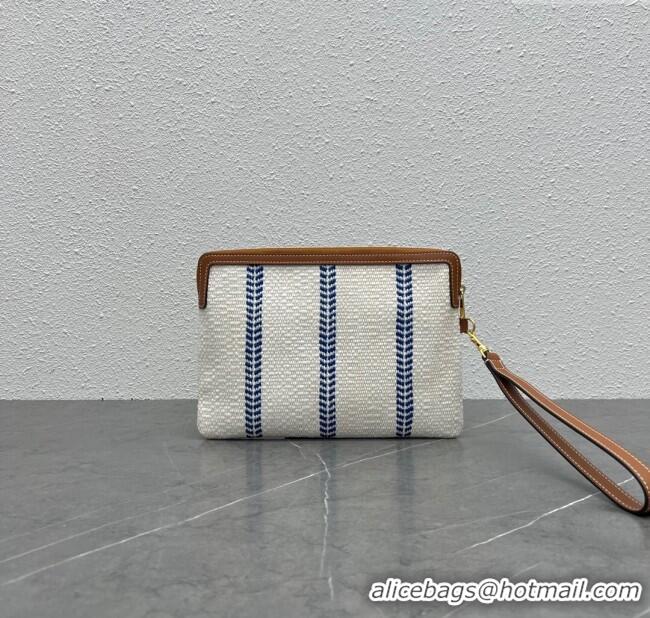 Top Quality Celine Small Pouch with Strap in Triomphe Canvas and Calfskin 100502 Blue/White/Brown 2024 Top