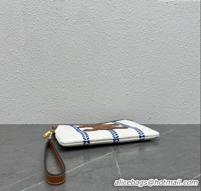 Top Quality Celine Small Pouch with Strap in Triomphe Canvas and Calfskin 100502 Blue/White/Brown 2024 Top
