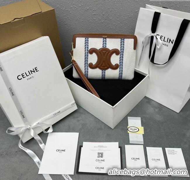 Top Quality Celine Small Pouch with Strap in Triomphe Canvas and Calfskin 100502 Blue/White/Brown 2024 Top
