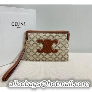 Luxury Discount Celine Small Pouch with Strap in Triomphe Textile and Calfskin 10J502 White 2024