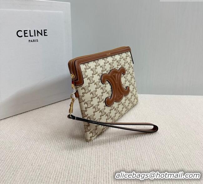 Luxury Discount Celine Small Pouch with Strap in Triomphe Textile and Calfskin 10J502 White 2024