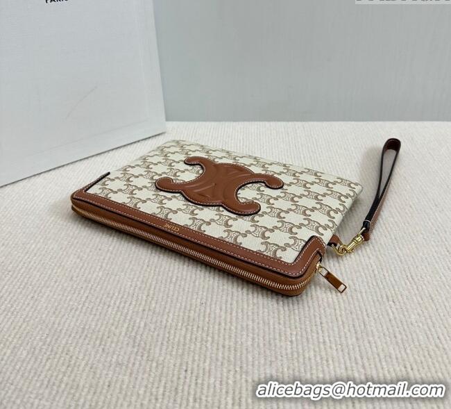 Luxury Discount Celine Small Pouch with Strap in Triomphe Textile and Calfskin 10J502 White 2024