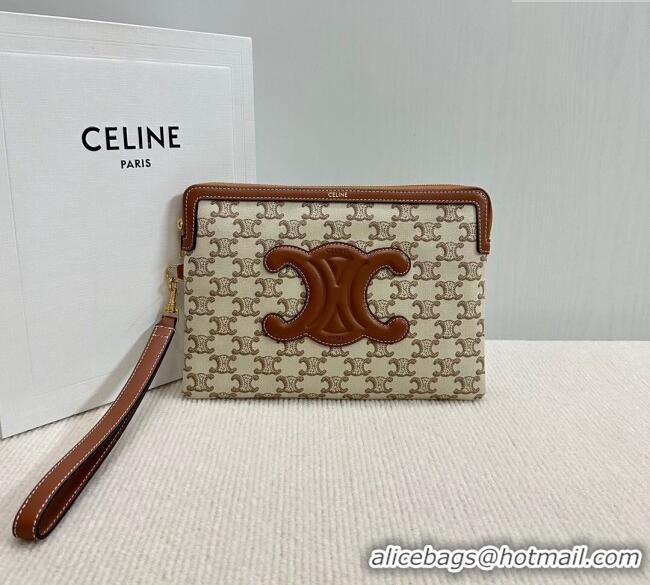 Luxury Discount Celine Small Pouch with Strap in Triomphe Textile and Calfskin 10J502 White 2024