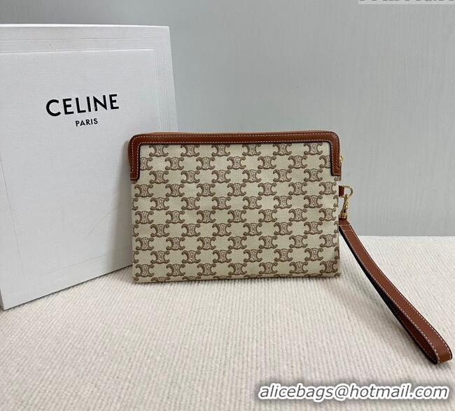 Luxury Discount Celine Small Pouch with Strap in Triomphe Textile and Calfskin 10J502 White 2024