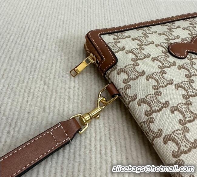 Luxury Discount Celine Small Pouch with Strap in Triomphe Textile and Calfskin 10J502 White 2024