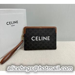 Top Quality Celine Small Pouch with Strap in Triomphe Canvas with CELINE Print 10J502 Tan Brown 2024