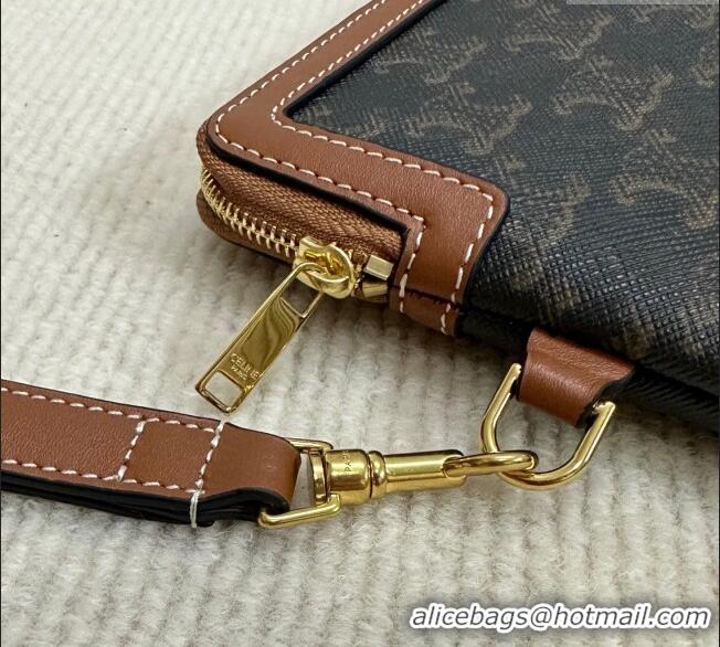 Top Quality Celine Small Pouch with Strap in Triomphe Canvas with CELINE Print 10J502 Tan Brown 2024