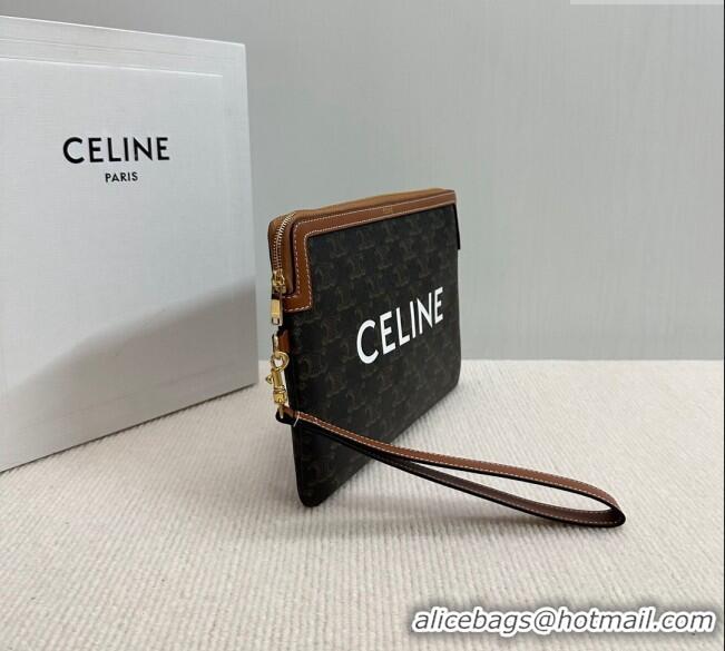Top Quality Celine Small Pouch with Strap in Triomphe Canvas with CELINE Print 10J502 Tan Brown 2024