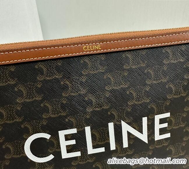 Top Quality Celine Small Pouch with Strap in Triomphe Canvas with CELINE Print 10J502 Tan Brown 2024