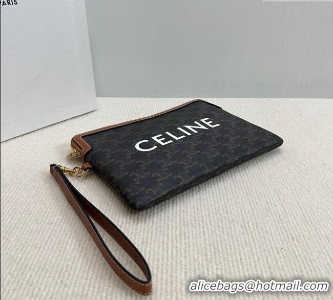 Top Quality Celine Small Pouch with Strap in Triomphe Canvas with CELINE Print 10J502 Tan Brown 2024