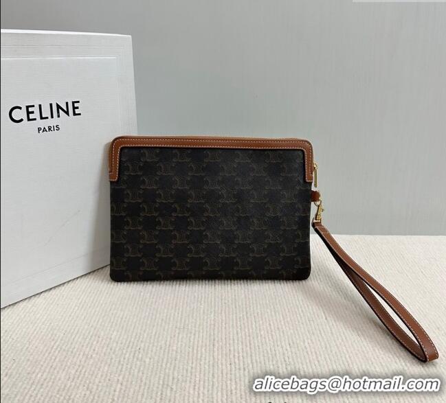 Top Quality Celine Small Pouch with Strap in Triomphe Canvas with CELINE Print 10J502 Tan Brown 2024