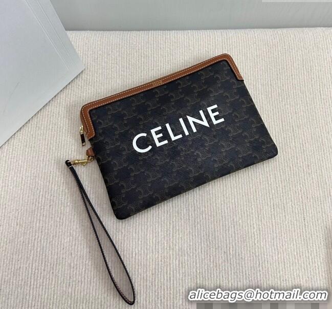 Top Quality Celine Small Pouch with Strap in Triomphe Canvas with CELINE Print 10J502 Tan Brown 2024