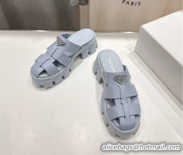 Good Quality Prada Monolith rubber platform mules Light Blue 2025 1XX751