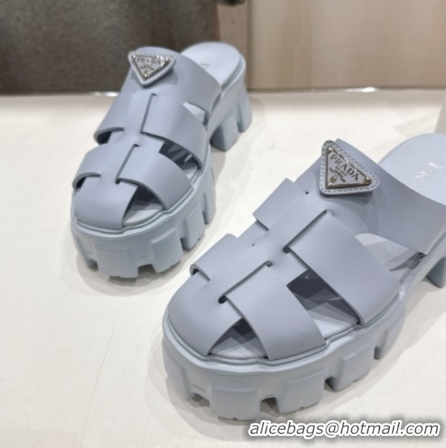 Good Quality Prada Monolith rubber platform mules Light Blue 2025 1XX751