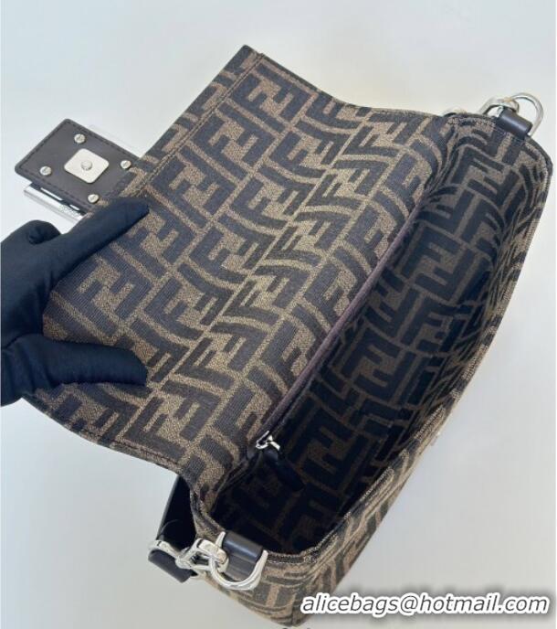 Top Grade Fendi Baguette Medium Bag in Brown FF jacquard fabric 8679M Brown/Silver 2025