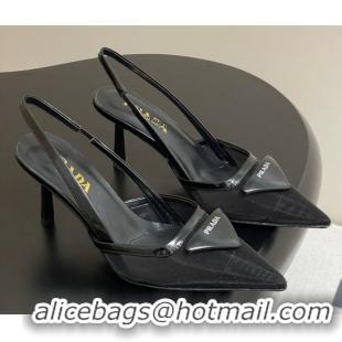 Duplicate Prada Mesh fabric slingback pumps 7.5cm Black 2025 1I891N