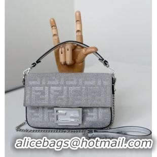 New Design Fendi Baguette Mini Bag in leather and Suede with strass FF motif 8632S Silver 2025