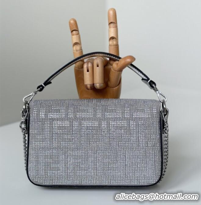 New Design Fendi Baguette Mini Bag in leather and Suede with strass FF motif 8632S Silver 2025