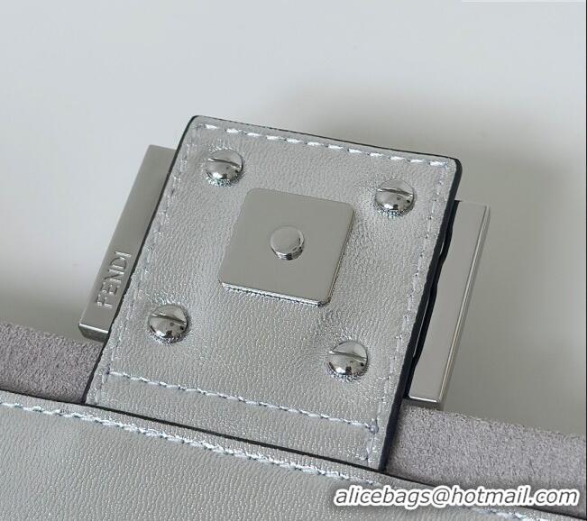 New Design Fendi Baguette Mini Bag in leather and Suede with strass FF motif 8632S Silver 2025