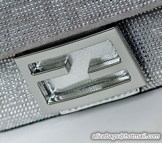 New Design Fendi Baguette Mini Bag in leather and Suede with strass FF motif 8632S Silver 2025