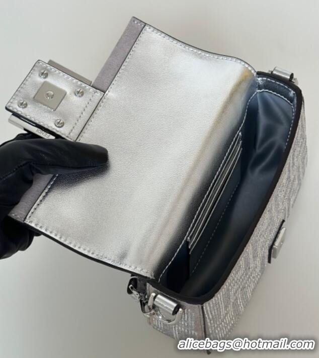 New Design Fendi Baguette Mini Bag in leather and Suede with strass FF motif 8632S Silver 2025