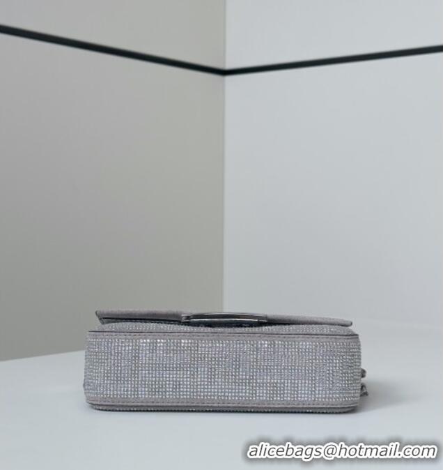 New Design Fendi Baguette Mini Bag in leather and Suede with strass FF motif 8632S Silver 2025