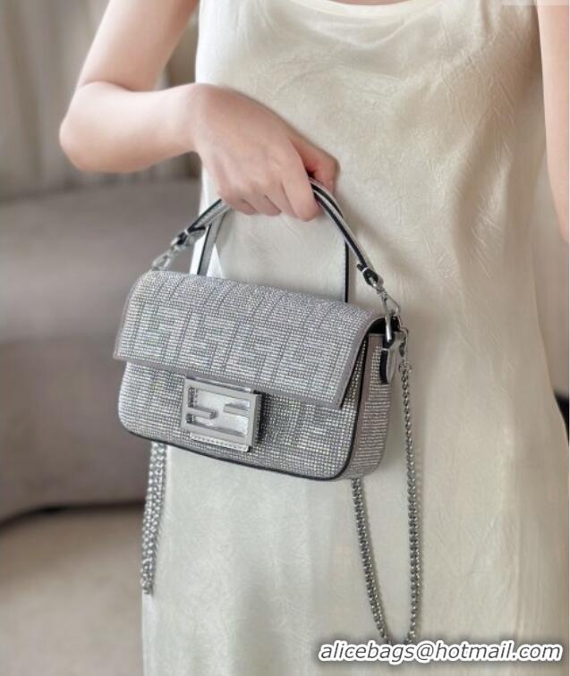 New Design Fendi Baguette Mini Bag in leather and Suede with strass FF motif 8632S Silver 2025