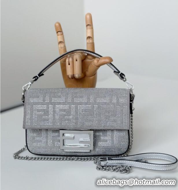 New Design Fendi Baguette Mini Bag in leather and Suede with strass FF motif 8632S Silver 2025