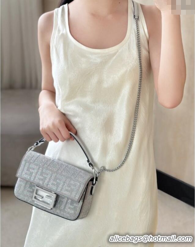 New Design Fendi Baguette Mini Bag in leather and Suede with strass FF motif 8632S Silver 2025