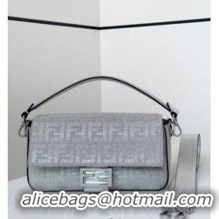 Top Grade Fendi Baguette Medium Bag in leather and Suede with strass FF motif 8632L Silver 2025
