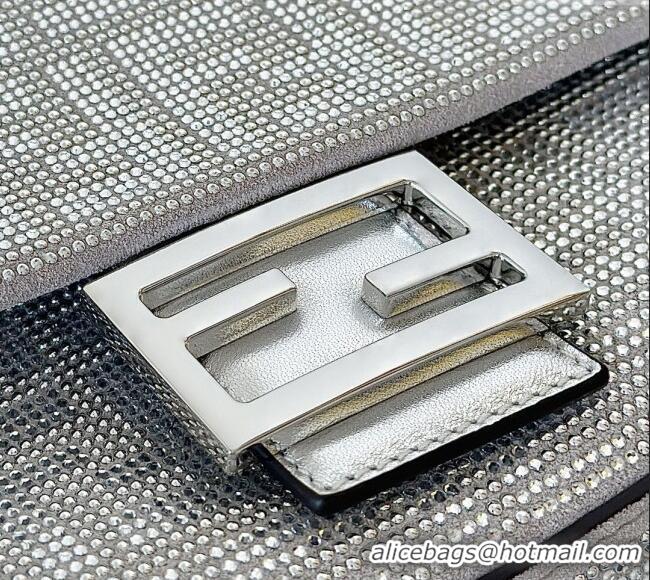 Top Grade Fendi Baguette Medium Bag in leather and Suede with strass FF motif 8632L Silver 2025