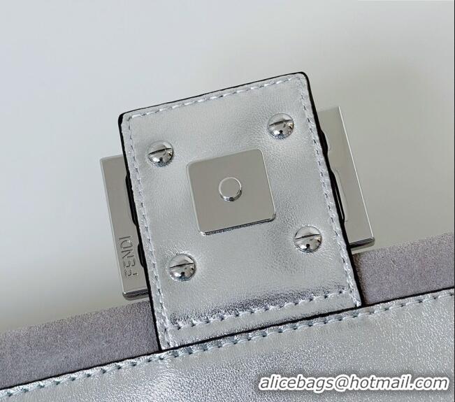 Top Grade Fendi Baguette Medium Bag in leather and Suede with strass FF motif 8632L Silver 2025