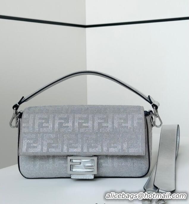 Top Grade Fendi Baguette Medium Bag in leather and Suede with strass FF motif 8632L Silver 2025