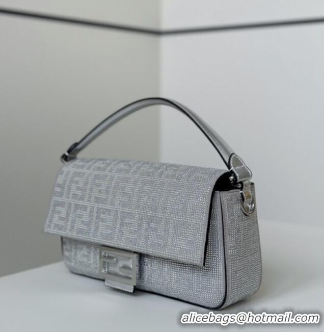 Top Grade Fendi Baguette Medium Bag in leather and Suede with strass FF motif 8632L Silver 2025